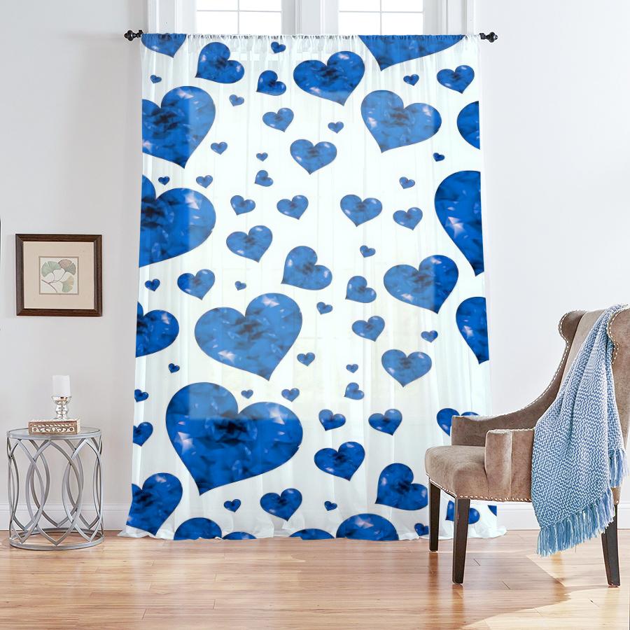 

Single Panel Bluesy Ink Wash Heart Shaped Gauze Curtain Romantic Style Perfect Valentine Day Bedroom Living Room Polyester For Sitting W100*H70(CM)-Grommet top&2PCS