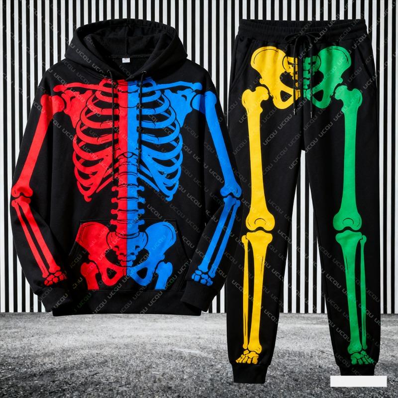 Felpe con Cappuccio da Uomo Stampa Scheletro 3D Set da 2 Pezzi Felpa con Cappuccio e Pantaloni Tuta Autunno/Inverno Halloween Casual Outdoor Set da Jogging
