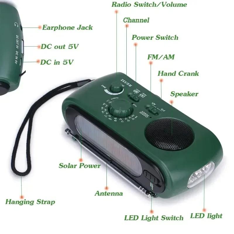Portable LED Flashlight Outdoor Emergency Rescue Multi-band AM/FM/SW Solar Hand-charged Radio for Emergency Phone Charge