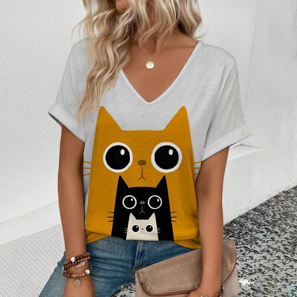 Women's Retro T Shirt Anime Cat Graphic Girl Clothes Summer V-Neck Short Sleeve Tees Female Harajuku Streetwear Oversized Blouse