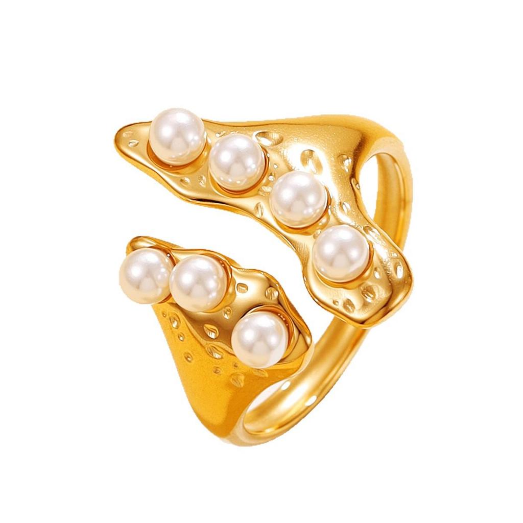 French Retro Geometric Irregular Stainless Steel Ring with Baroque Pearl - Adjustable Women's Statement Jewelry
