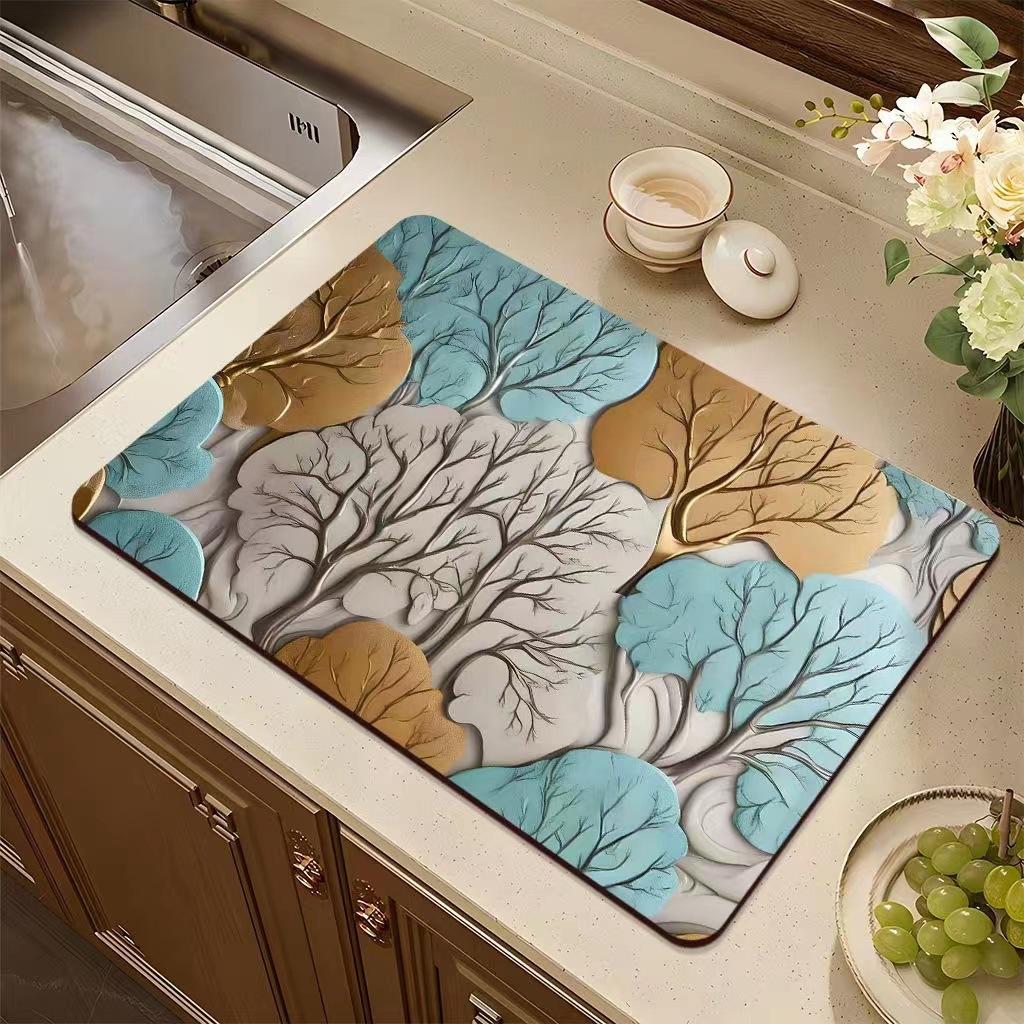 Tappetino Drenante Fiore Bianco Colorato, Motivo Floreale Centrale Blu e Rosso, Tappetino Asciugatura Antiscivolo in Silicone per Piano di Lavoro Cucina 1 Pezzo