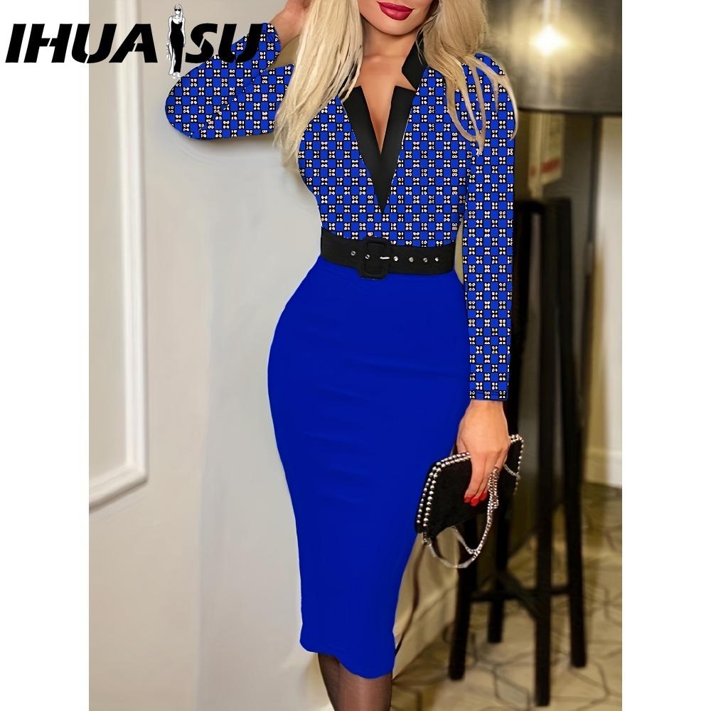 

IHUASU Женская мода Весна Осень Длинный рукав V-образный вырез Завышенная талия Повседневные платья XXL