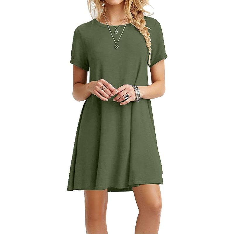 YYFS Women's Fashion Summer Spring Solid Color Print Short Sleeve O-Neck Loose Waistlinet Casual Dresses