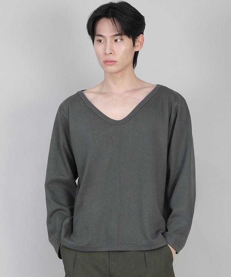 Seinteukeulu Plain Big V-Neck Long Sleeve Tee Bigv-879 Slate Gray