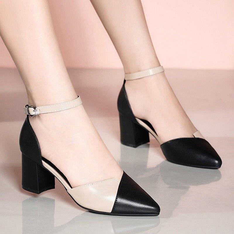 Black Pu Leather High Mid Heel Shoes 