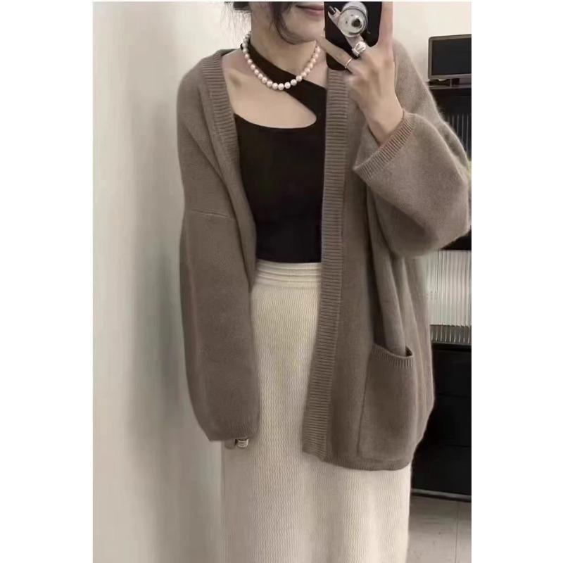 

Осенне-зимний свитер-куртка женский свободного ленивого стиля, свободный и универсальный дизайн, карманный вязаный кардиган, женский топ average size шоколадный