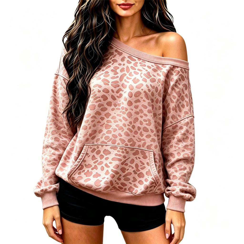 Women's Casual Round Neck Cold Shoulder Leopard Print Long Sleeve Loose Fit Sweatshirt with Pockets