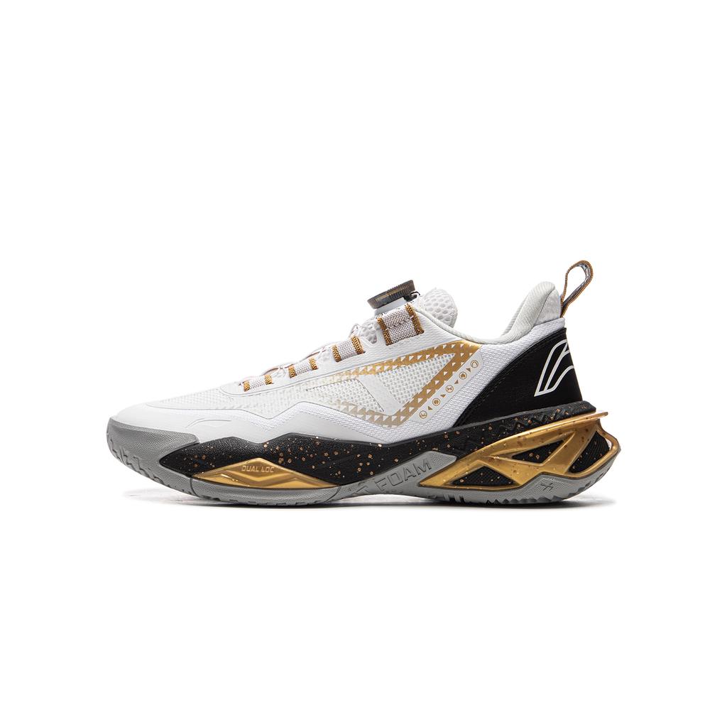 Li Ning Kids Comfortable Non-Slip Wear-Resistant Rebound Support Low-Top Basketball Shoes Kids Sneakers White Black Gold YKBU080-3
