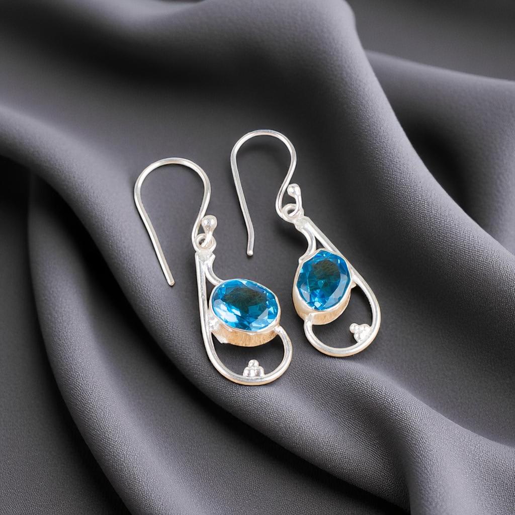 Swiss Blue Topaz Gemstone 925 Sterling Silver Jewelry Handcrafted Earrings 1.60" EE-49-4