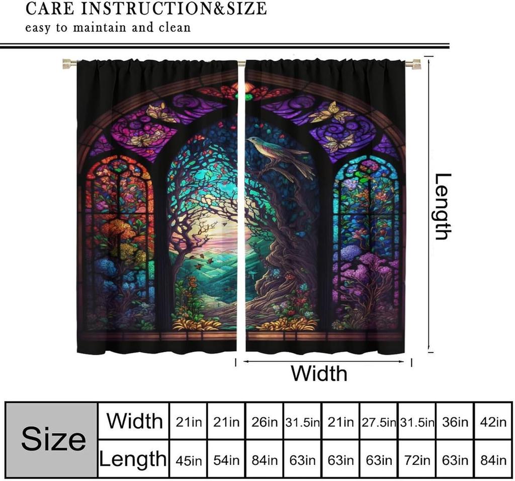 Stained Glass Blackout Window Curtains, Autumn Forest Mosaic Art Beautiful Nature Scenery Stained Glass Home Kitchen Livingroom