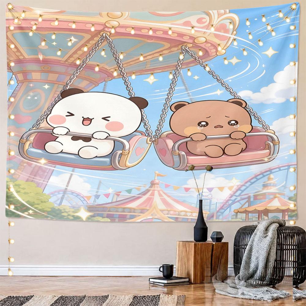 Cute Panda and Bear on Carousel Swing Pattern Wall Hanging Tapestry Decorative Tapestry Home Decor for Bedroom and Living Room