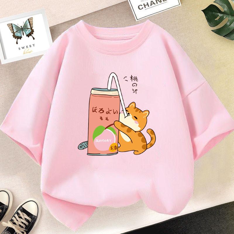 Cotton 100% Cute Cat Drinking Milk Tea Kawaii Clothes Tops Harajuku Funny Cartoon Short Sleeve T-shirt