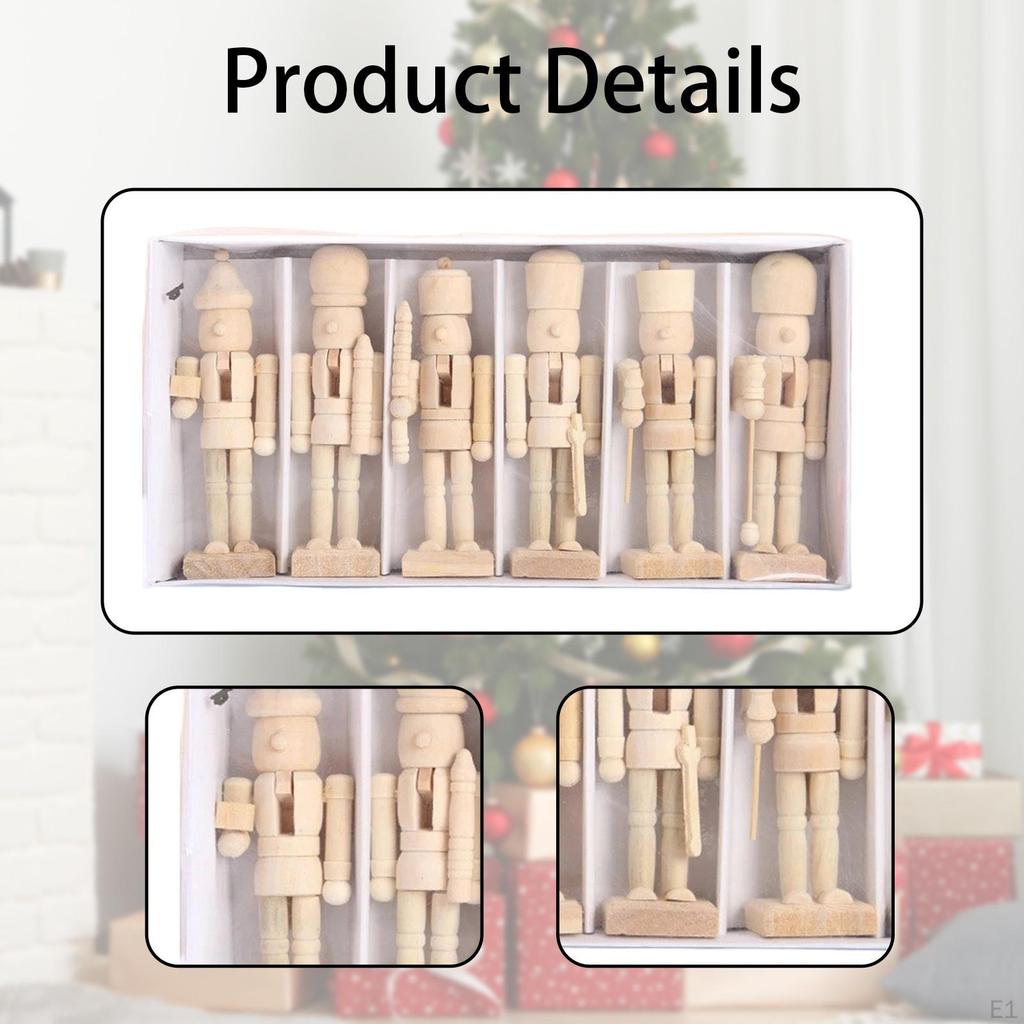 6 Pieces DIY Wooden Christmas Nutcrackers Desktop Ornaments Paintable Kids Crafts
