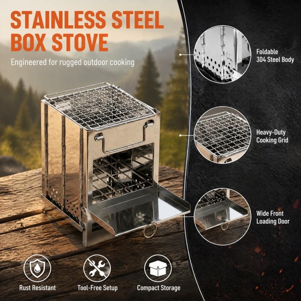With Grill Camping Wood Stove Folding Box Stove Portable Wood Burning Stove  Hiking