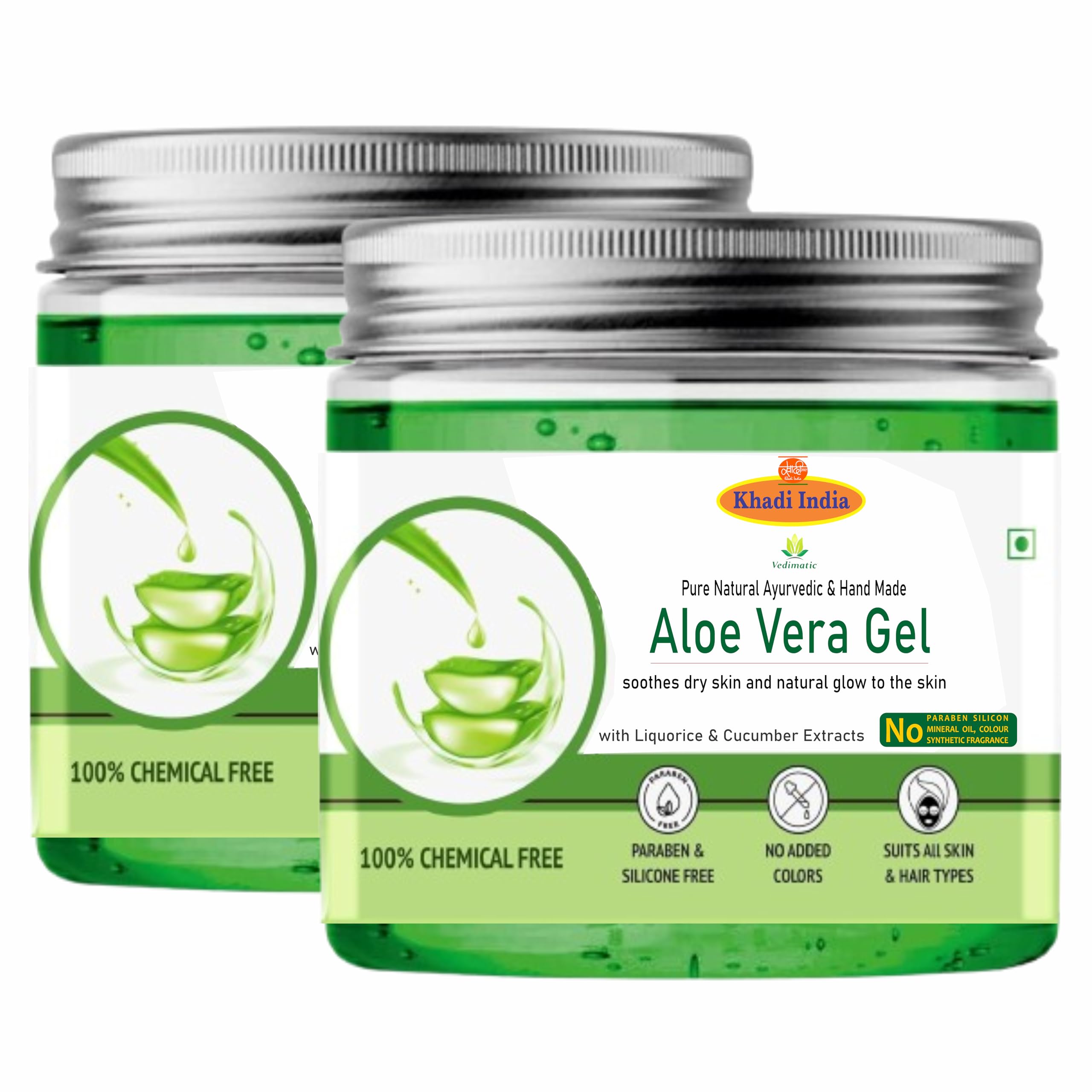 Khadi Herbal Natural Pure Organic Aloe Vera Multipurpose Beauty Gel for Skin and Hair By Vedimatic Gram Udyo 400 gm (Pack Of 2), Green)