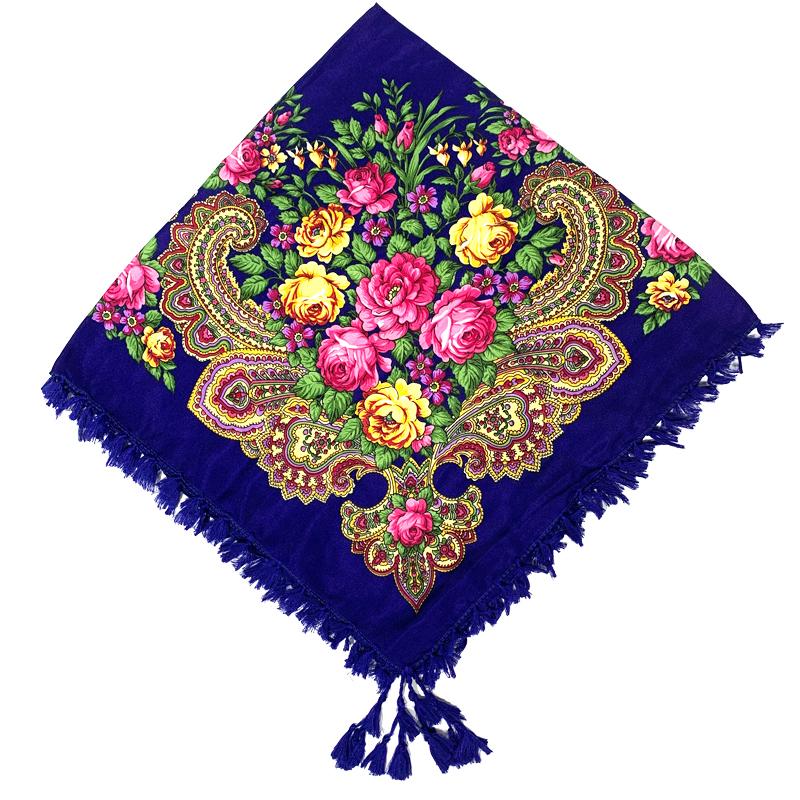 90*90cm Short Tassel Floral Print Russian Square Scarf Women Luxury Flower Printed Bandana Shawl Ukrainian Babushka Head Wraps