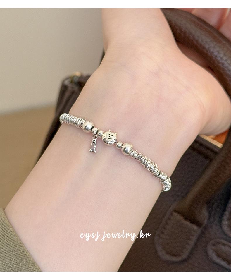 Cui Yan S925 Sterling Silver Korean Style Cat & Fish Wrap Bracelet for Women - Simple, Niche Design, 2025 New Collection.