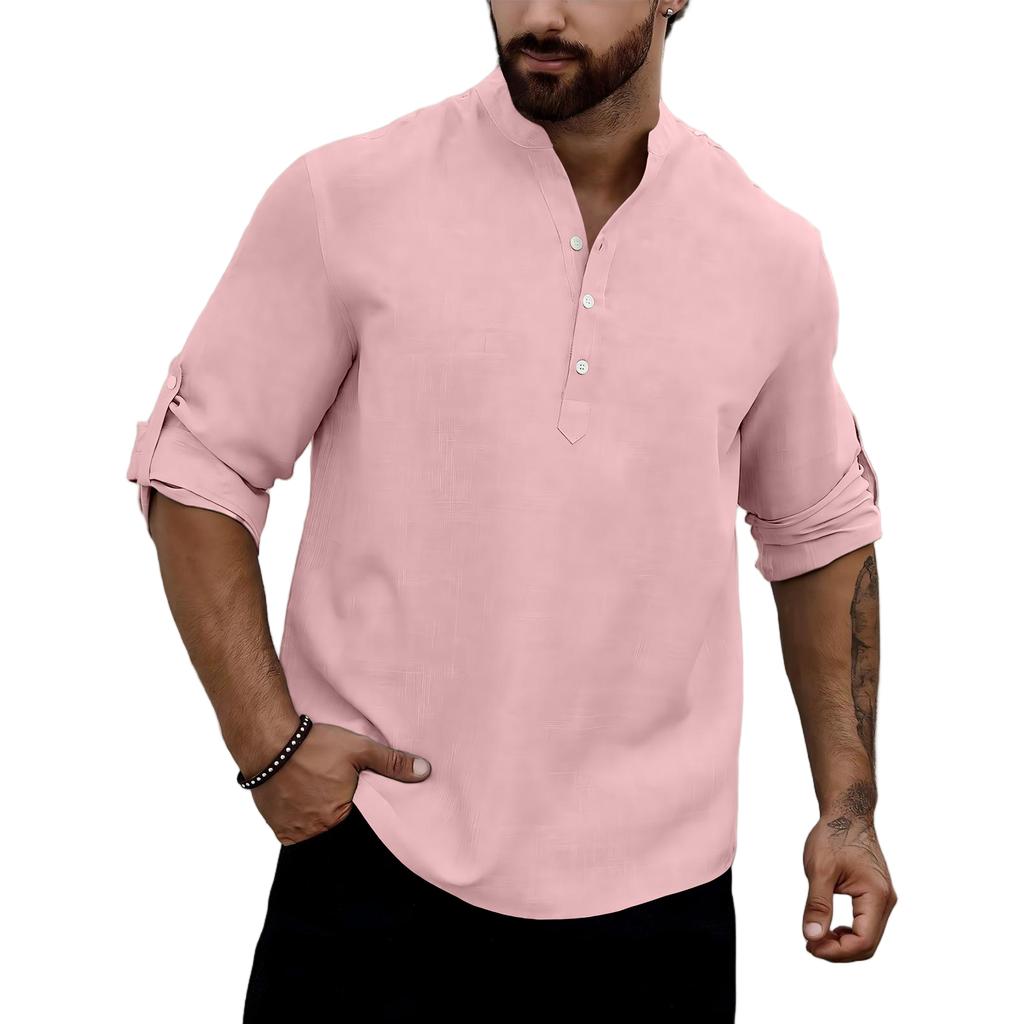 Men Henley Collar Long Sleeve Casual Shirt Lightweight Breathable Fabric Relaxed Fit Roll Up Sleeve Tunic Top