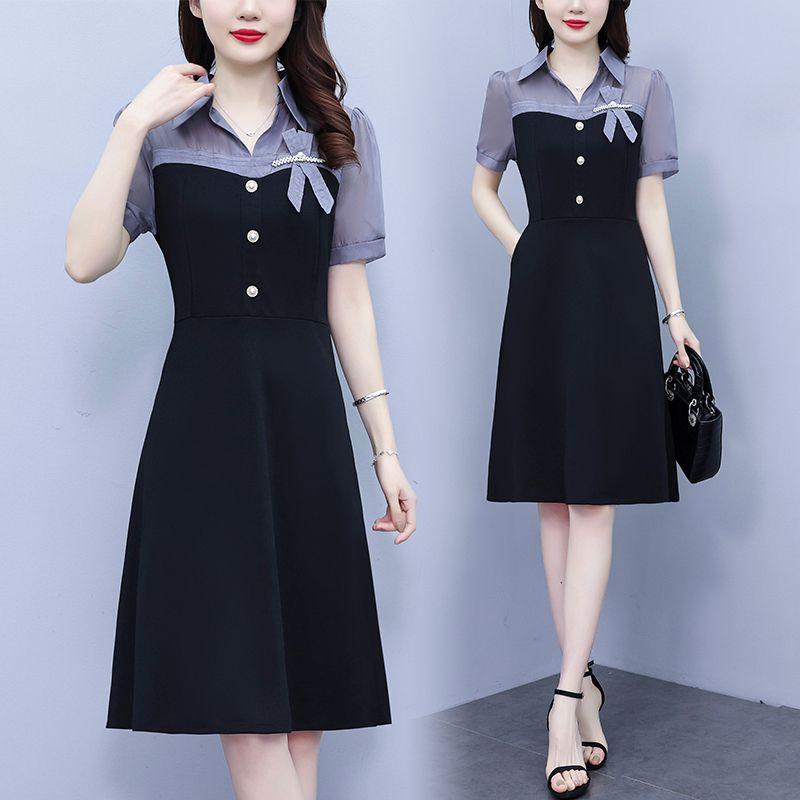 Summer Slimming Short Sleeve Dress with Pearl Splicing Youthful and Belly Covering