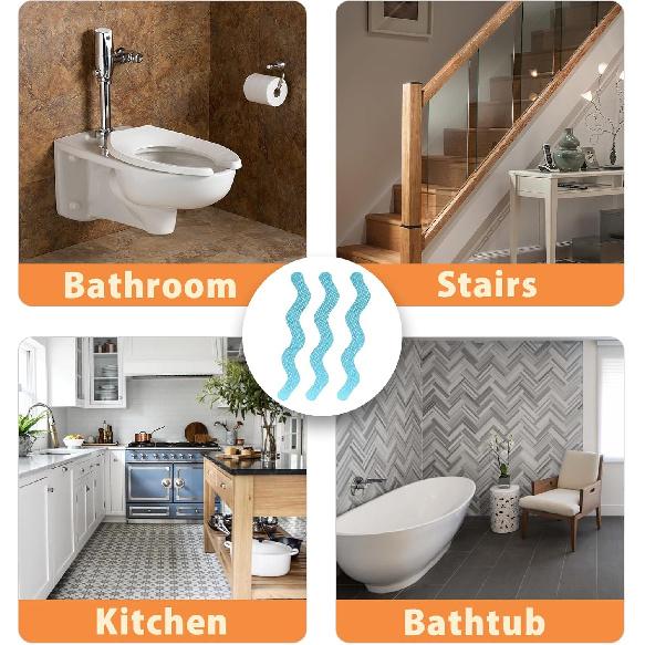 24PCS Bathtub Non Slip Stickers Blue Safety Anti Slip Shower Strips Adhesive Decals Scraper for Bath Tub Stairs Steps Floor Ladders with Premium