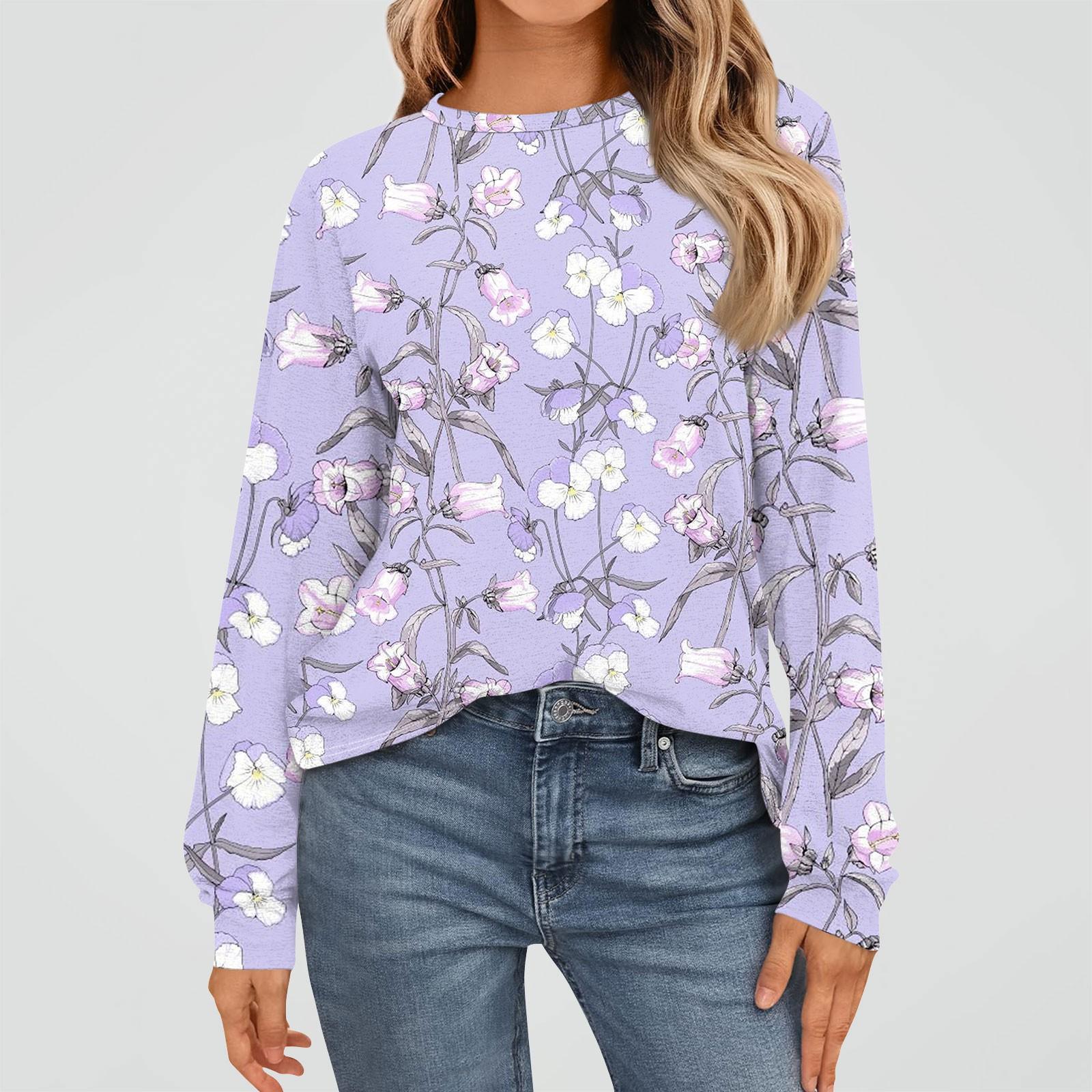 Женская мода повседневная круглая горловина длинный рукав цветочный принт базовый топ XXL — фото 8