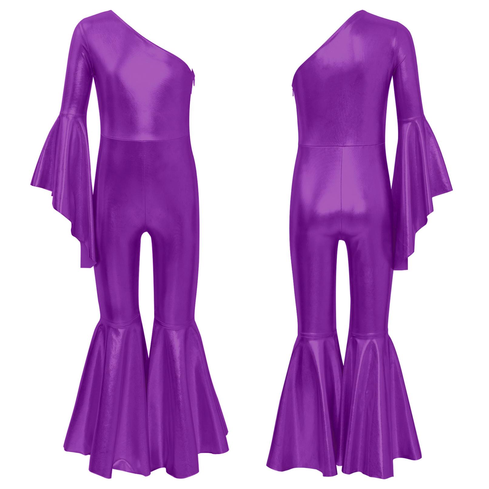 

Танцювальний комбінезон із металевим блискучим дном для дівчат, модний боді з розкльошеними рукавами на одне плече, карнавальний костюм для вечірки. 5-6 Years фіолетовий