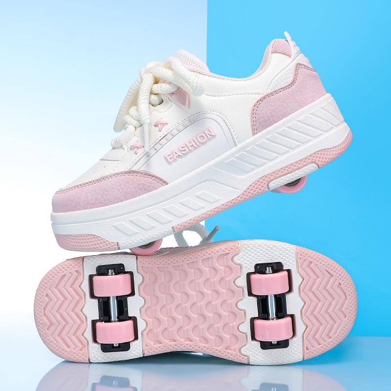 Boy's Rotating Button Four Wheel Skate Kids Shoes with Wheels Girl Skate Shoes