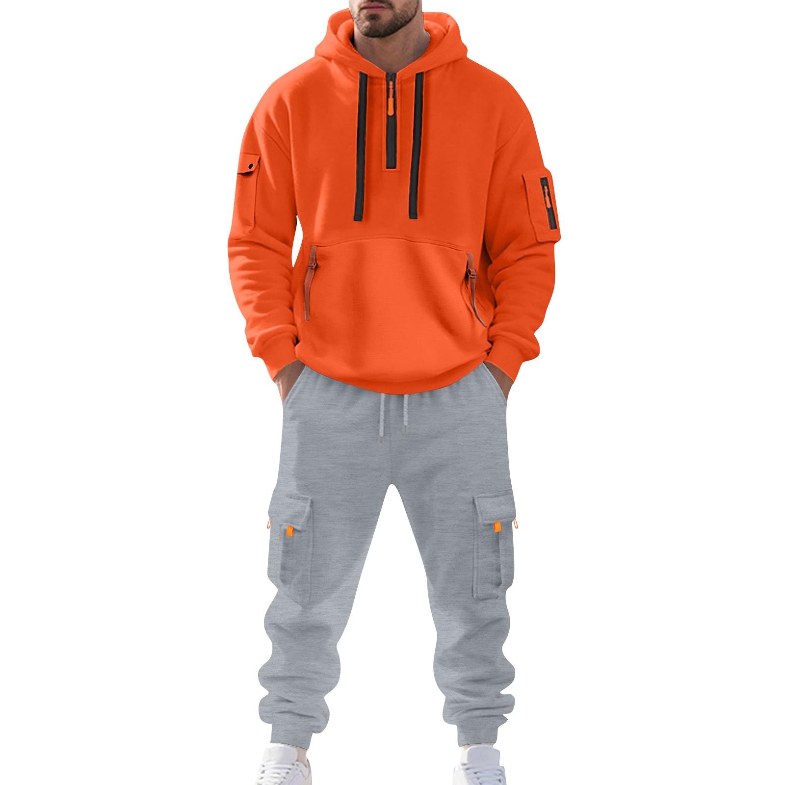 

Men s Color Casual Suit Loose Sports Hooded Sweatshirt With Pockets Multi Pocket Overalls Suit L шафрановий