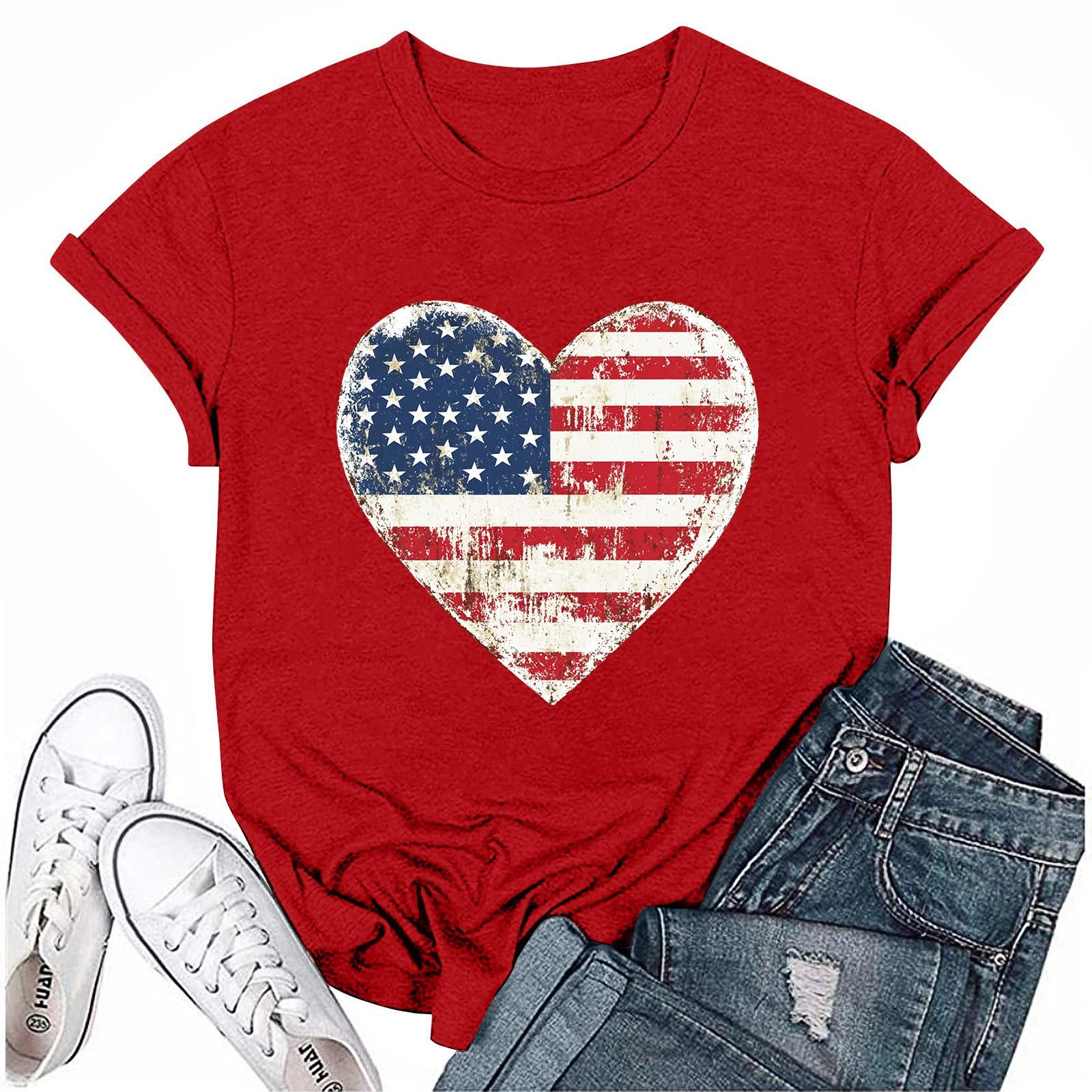 

Взрослые Повседневная Ежедневная Круглая горловина День Независимости Печатный короткий рукав Футболка Топ с буквами M красный