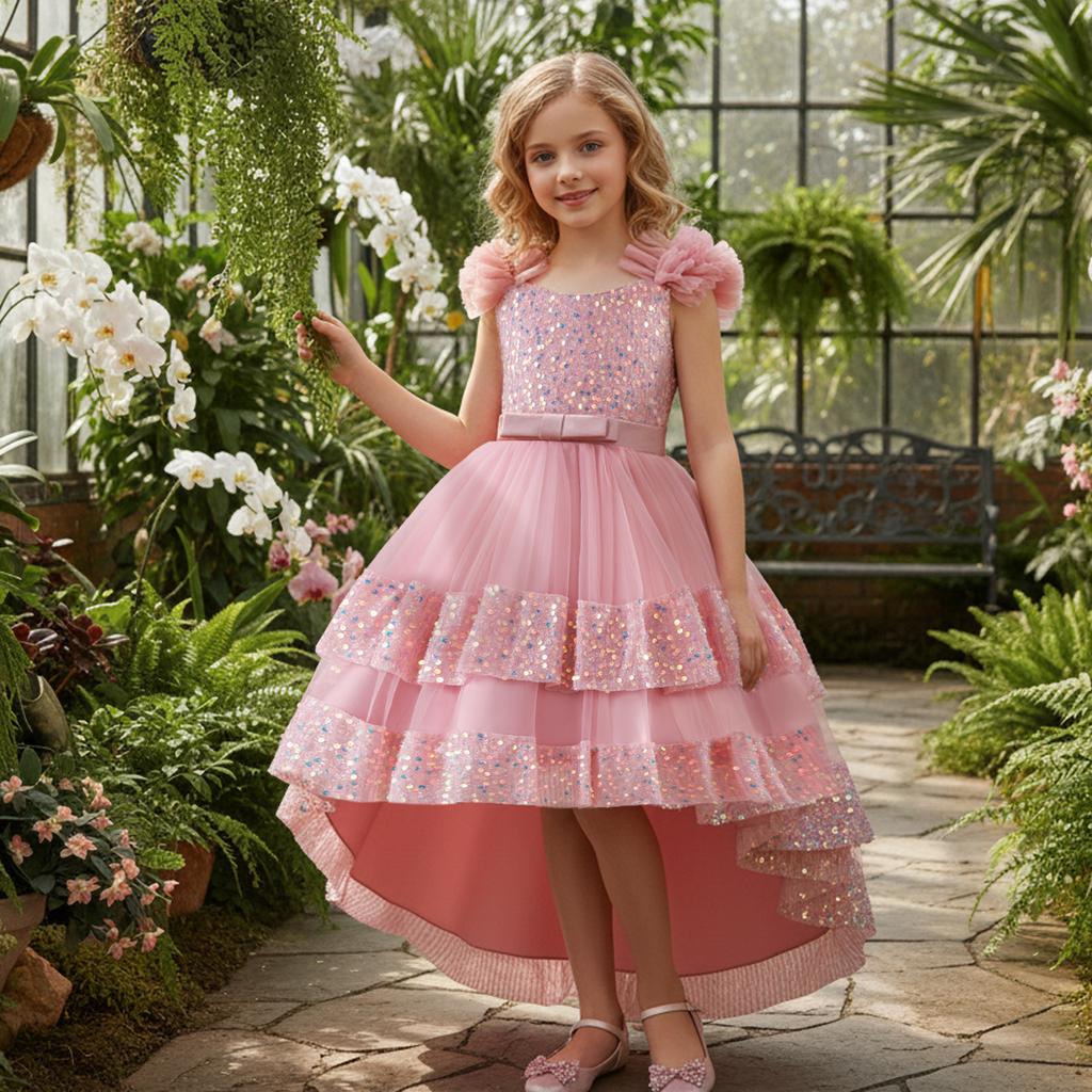 Pailletten-Prinzessinnenkleid: Formelles Kleid für Mädchen für Geburtstage und Partys – Schleife, Pailletten, Trägerlos, Schleppe