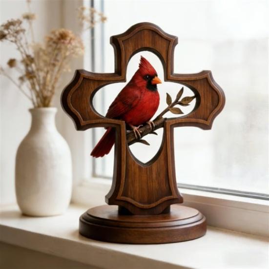 Red Bird Crucifix Figurine Handcrafted Resin Tabletop Ornament with Crimson Color And Olive Branch Design Religious Christian Gifts for Women Men