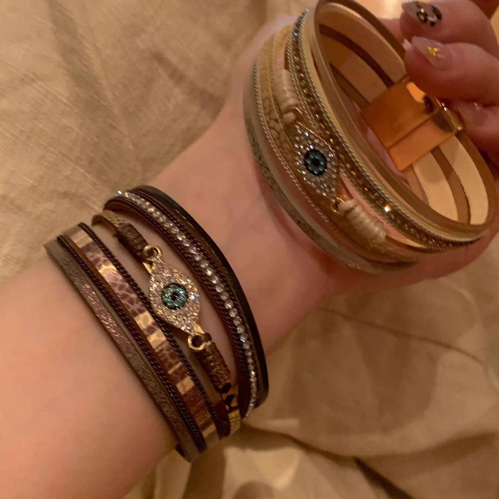 Retro Leather & Diamond Devil's Eye Magnetic Bracelet - Bohemian High-End Jewelry