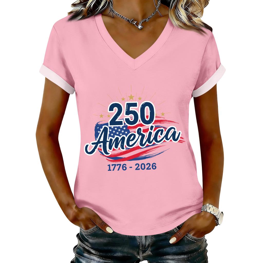 Women's Casual Printed T-Shirt V Neck Pullover Short Sleeve Top