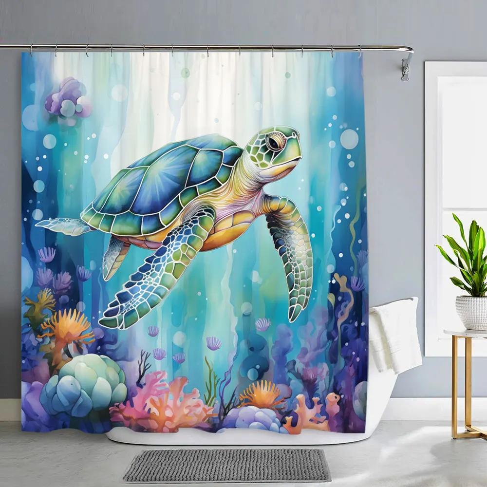 Ocean Animals Bathroom Curtains Watercolour Octopus Jellyfish Turtle Polyester Fabric Washable Shower Curtains Bathroom Decor