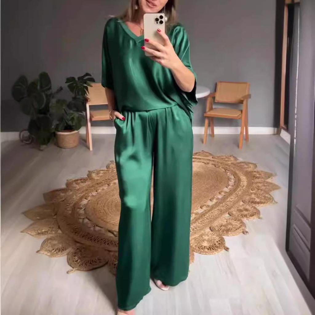 2024 European American Summer Style V-neck Silk Casual Women's Suit