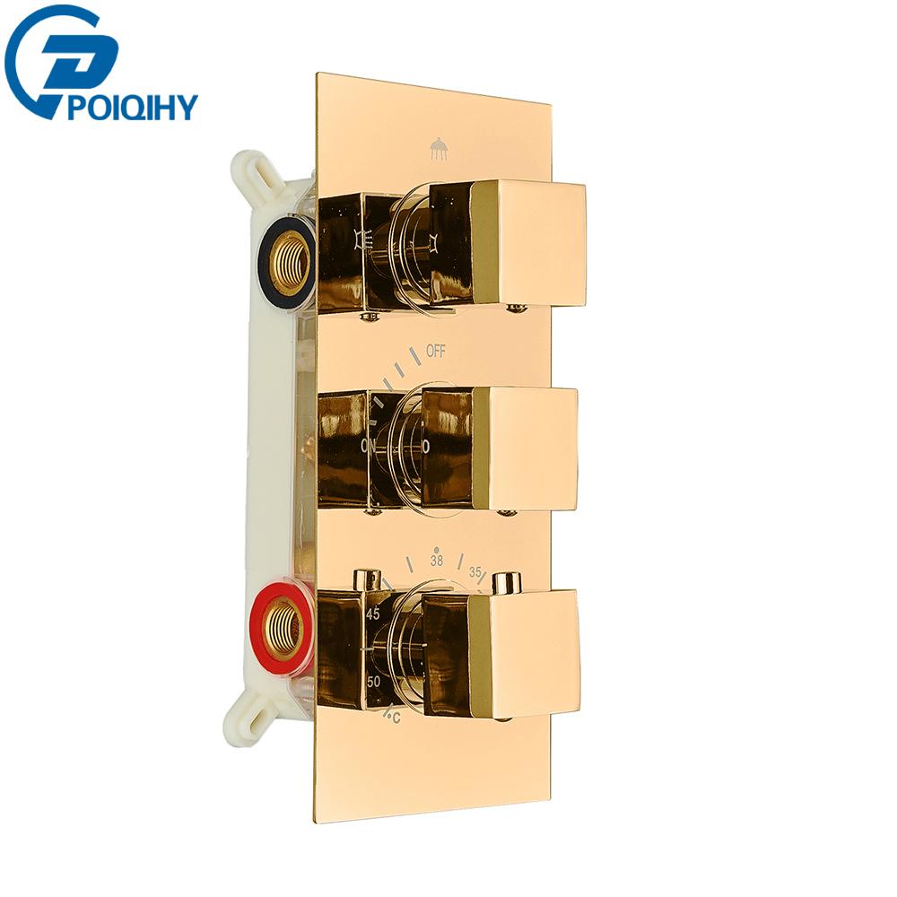 Brushed Gold Thermostatic Shower Mixer Valve Brass 3-ways Mixer Valve Thermostate Control Valve Wall Concealed Shower Valve