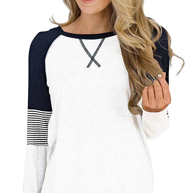 SCIONE Nová móda Dámské pruhované tričko Šití Kulatý výstřih Ležérní Dámské tričko Volný top