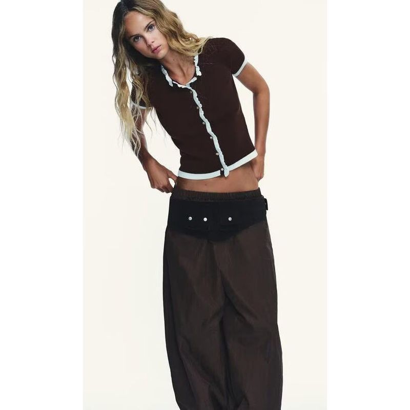 Zbzr Spring New Women clothes Western Style Fashion Slim fit Contrast Color Knitted round Neck Short sleeve Outerwear 0014114