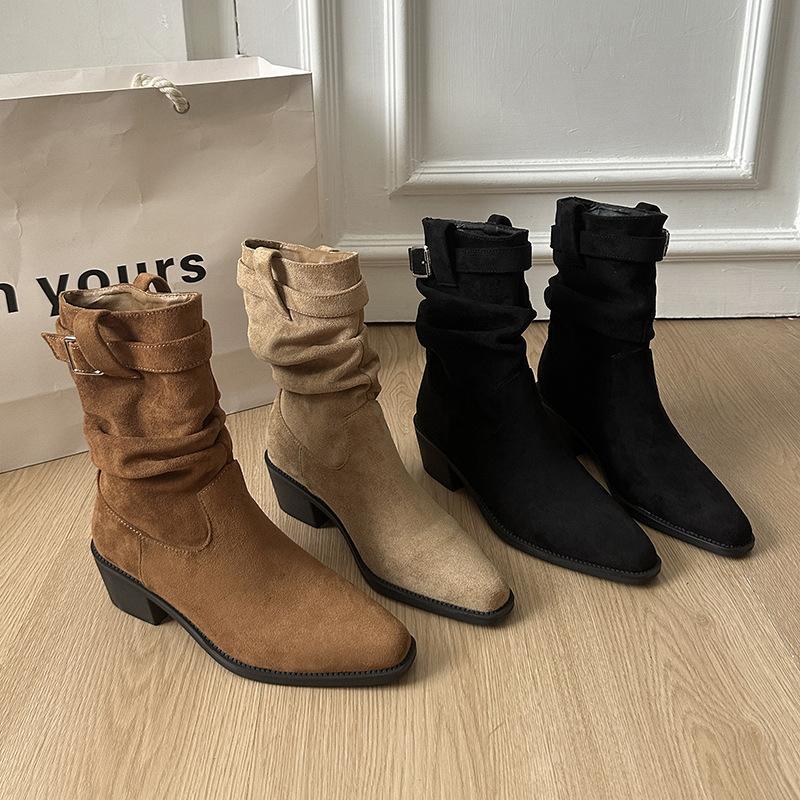 Plissierte Stiefel mit Fell Damen Sommer 2025 Neu Innen erhöhend Kleine Merad Western-Cowboystiefel Einzelstiefel