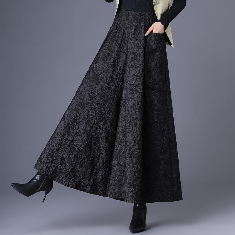 Nationaler Stil Schwimmende Jacquardhose mit weitem Bein für Damen im Herbst und Winter in Übergröße, schmale Culottes mit elastischer Taille und Regenschirm, lässige Stiefelhose