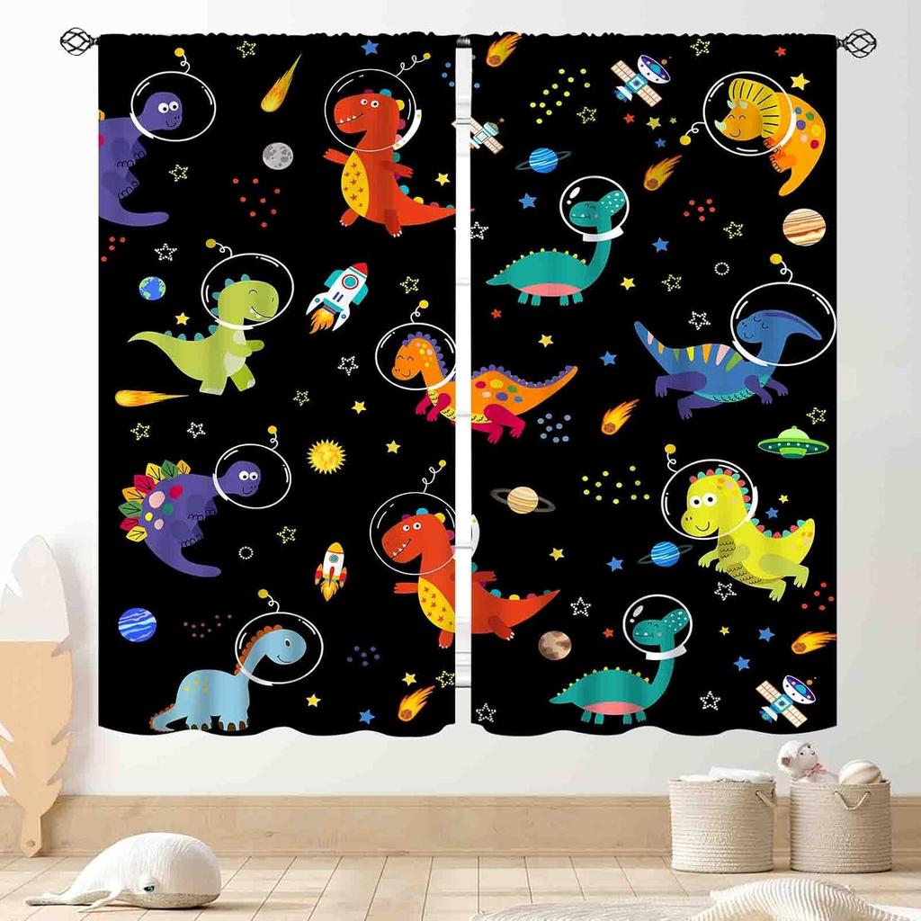 Kids Dinosaur Curtains For Boys Room, Cartoon Dino Funny Cute Dinosaur Safari Animals Colorful Window Treatments Drapery For
