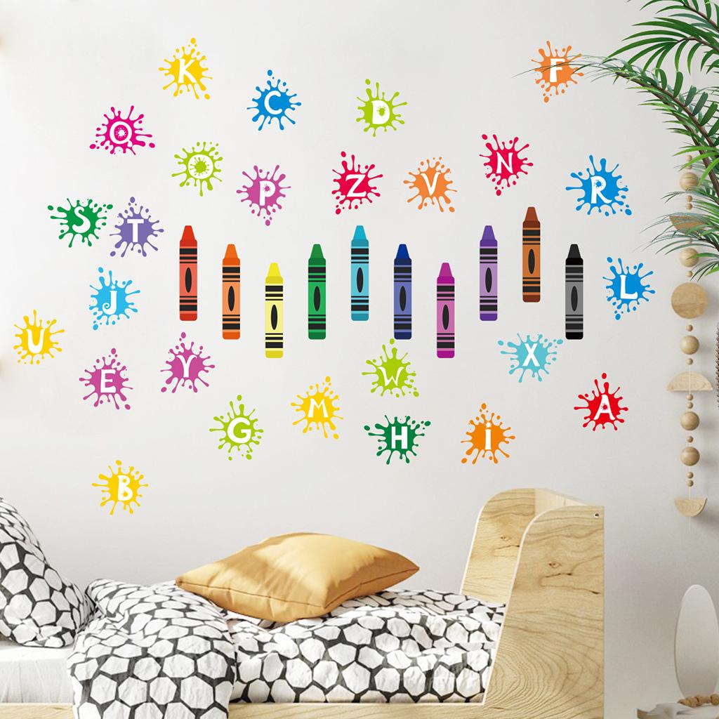 Colorful Crayon Alphabet Wall Stickers, Educational ABC Letters Removable Decals for Kids Room Nursery Learning Decor