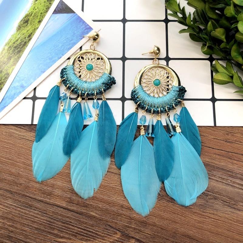 European and Korean Temperament Dream Catcher Element Earrings Female Bohemian Seaside Vacation Feathers Fringed Earrings Versatile Earrings