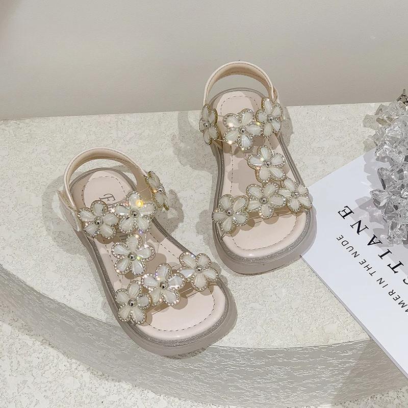 Luxury Crystal Floral Sandals Girls Transparent Pvc Strap Sandalias Baby Kids Brand Design Sole Summer Party Dress Shoes