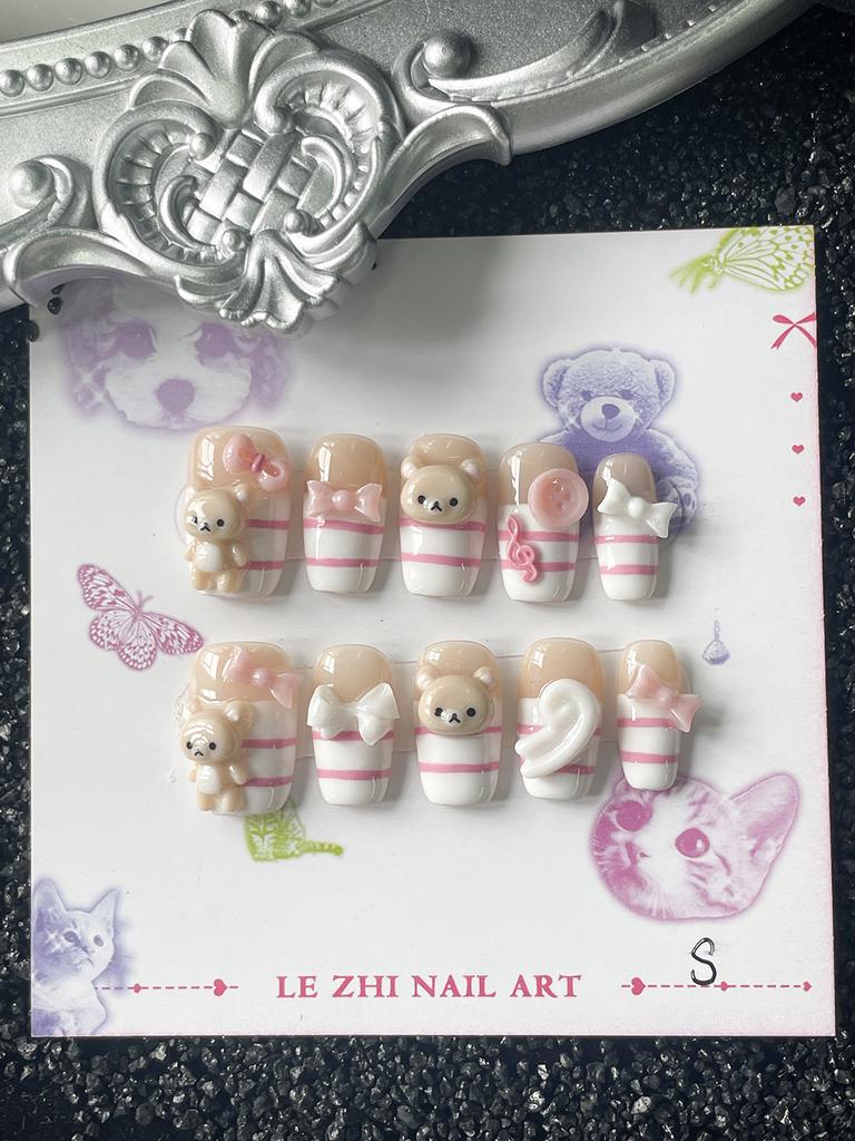 Kawaii Short Square Shape 3D Doll Bear Press On Nails Art White Pink Stripes Bowknot Sweet Cute Bear Fake Nails Sticker Gift
