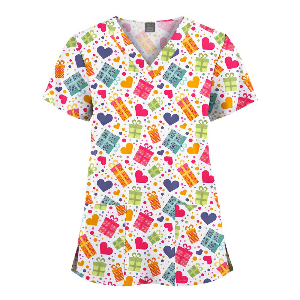 Quick-Drying Printed T-Shirt Short-Sleeved V-Neck Dental Oral Hand Wash Clothes Beauty Salon Pet Hospital Doctor Nurse Overalls