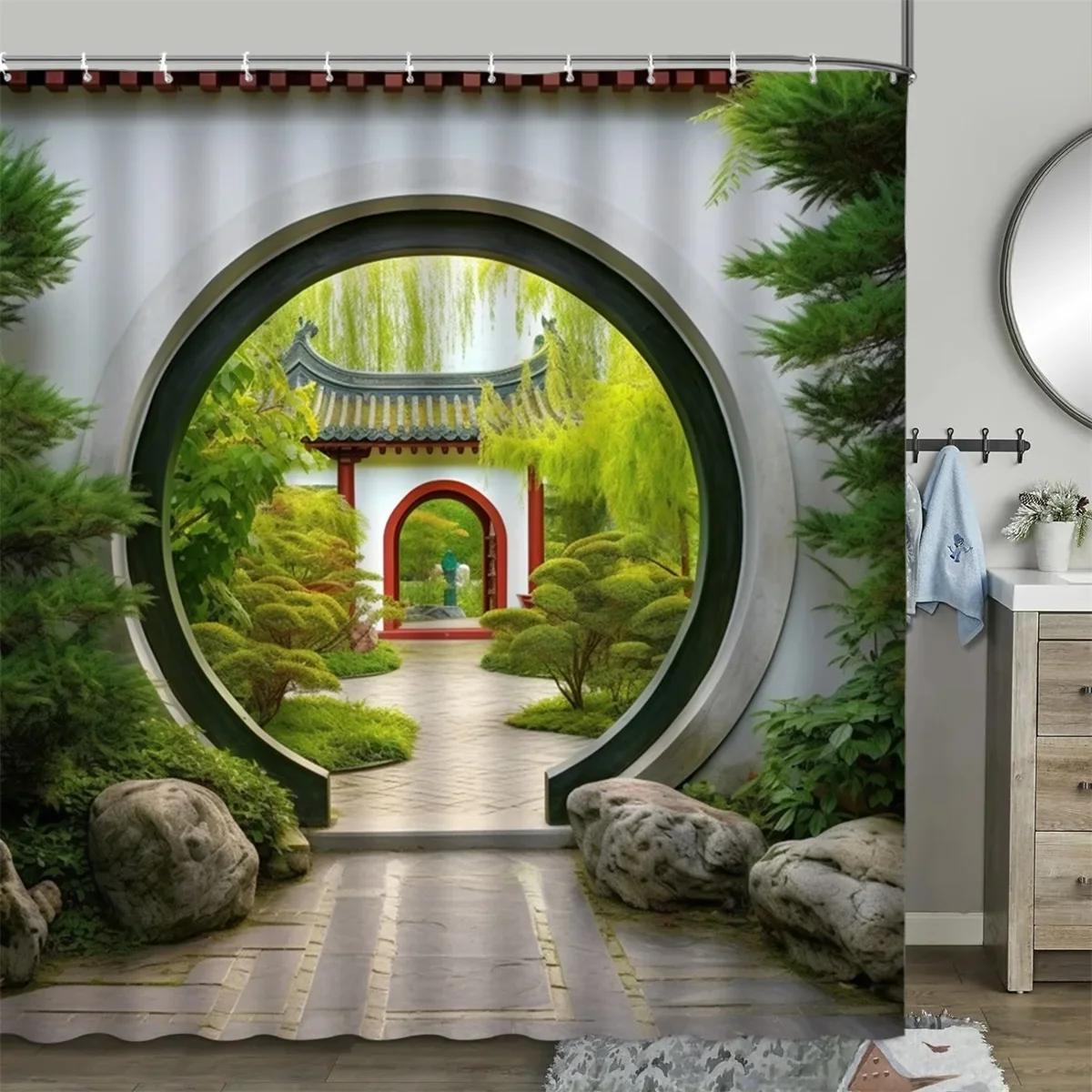 

Шторка для душа в китайском стиле, винтажная деревянная доска, садовая постройка, зеленые растения, бамбуковый узор, декор для ванной комнаты, комплект штор 90x180cm-35x70in