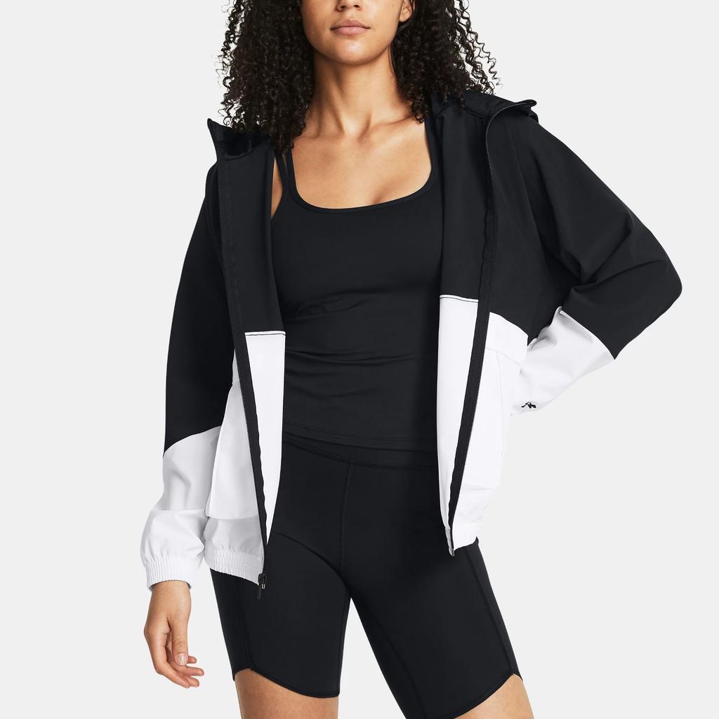 Under Armour UA Armour Color Block Hooded Zip Design Raglan Long Sleeve Jacket Women Jacket Black White 1382699-001