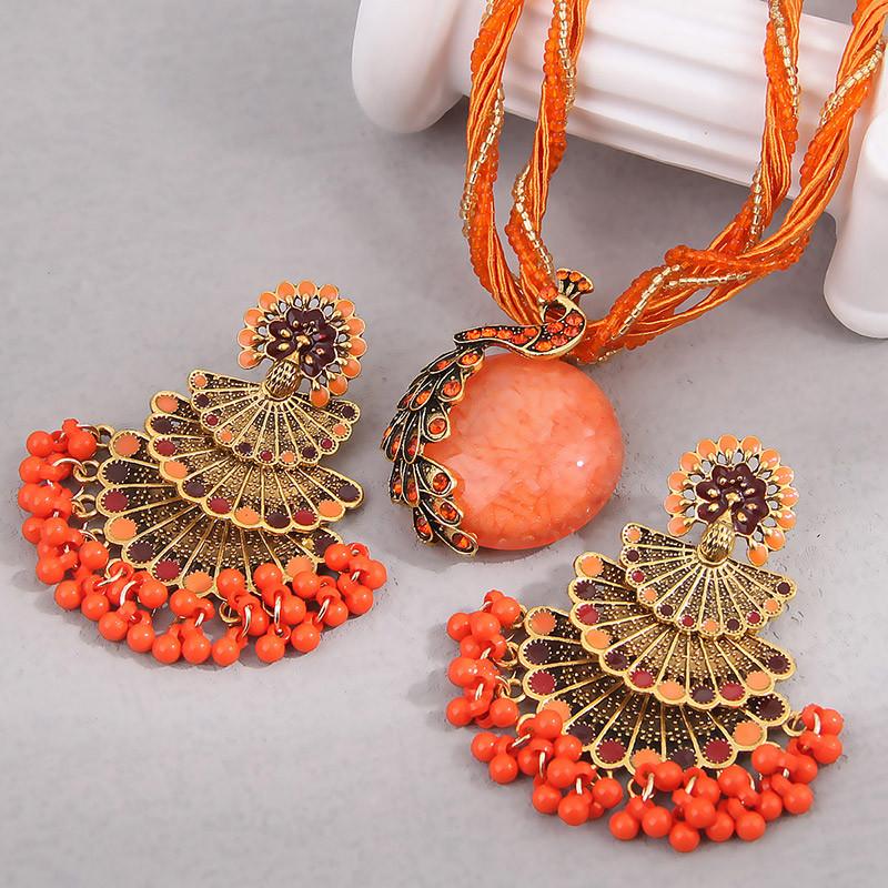 Neue Vintage Oranger Schmucksets Handgefertigte Perlen Choker Halskette Ohrringe Set Für Frauen Bijoux Statement Halsketten Set